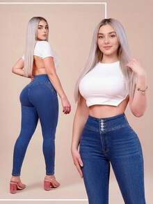 高腰浅蓝色紧身牛仔裤，凸显曲线的铅笔裤，适合春夏度假和外出穿着，女士牛仔裤 - 藍色 - 查看 1