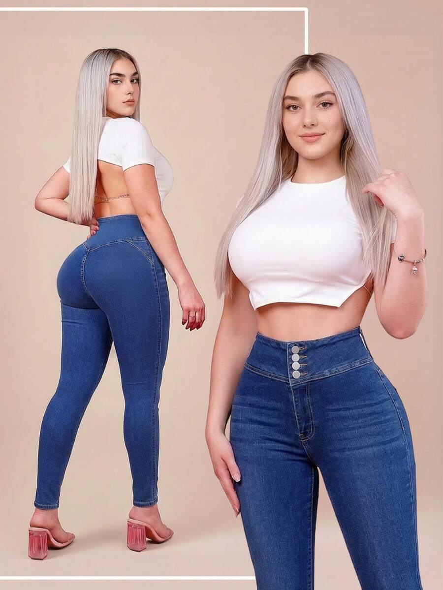 高腰浅蓝色紧身牛仔裤，凸显曲线的铅笔裤，适合春夏度假和外出穿着，女士牛仔裤 - 藍色 - 查看 1