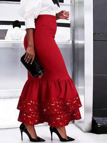 Rok Maxi Duyung Hitam Ukuran Besar, Rok Panjang Elegan dengan Payet dan Hem Berumbai, Kain Rajut Merah Musim Semi - Merah - View 6