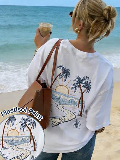 여름 신상 캐주얼 코코넛 나무 프린트 라운드 넥 반팔 티셔츠, 패셔너블 & 다용도 여성 상의