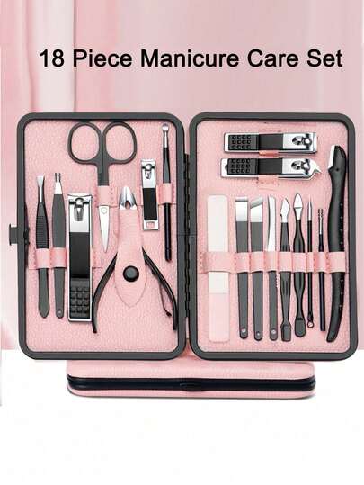 4-24 delar manikyrset - Professionellt nagelklipparset, fotvårdsverktyg i rostfritt stål, bärbart reseset med läderfodral, lämplig för män och kvinnor (rosa/grön)