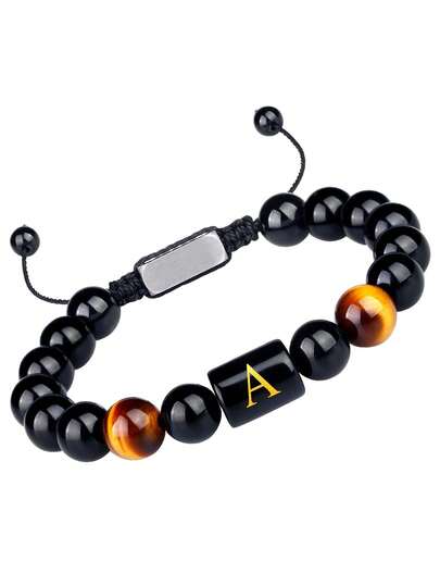 1pc Trending Overseas Natural Stone Men's Braided Bracelet, Stainless Steel 26 Letter, Black Obsidian, Tiger Eye Beaded Wristband