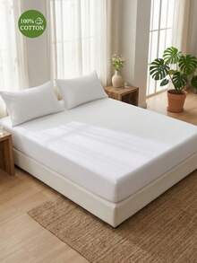 1件装100%纯棉床笠，家用纺织品，纯色床单套装，舒适家居用品，柔软透气床垫保护套，亲肤床罩套装，四季皆宜，适用于单人床/双人床/大号床/特大号床/单人床尺寸，卧室装饰，可机洗可重复使用 - 白色 - 查看 2