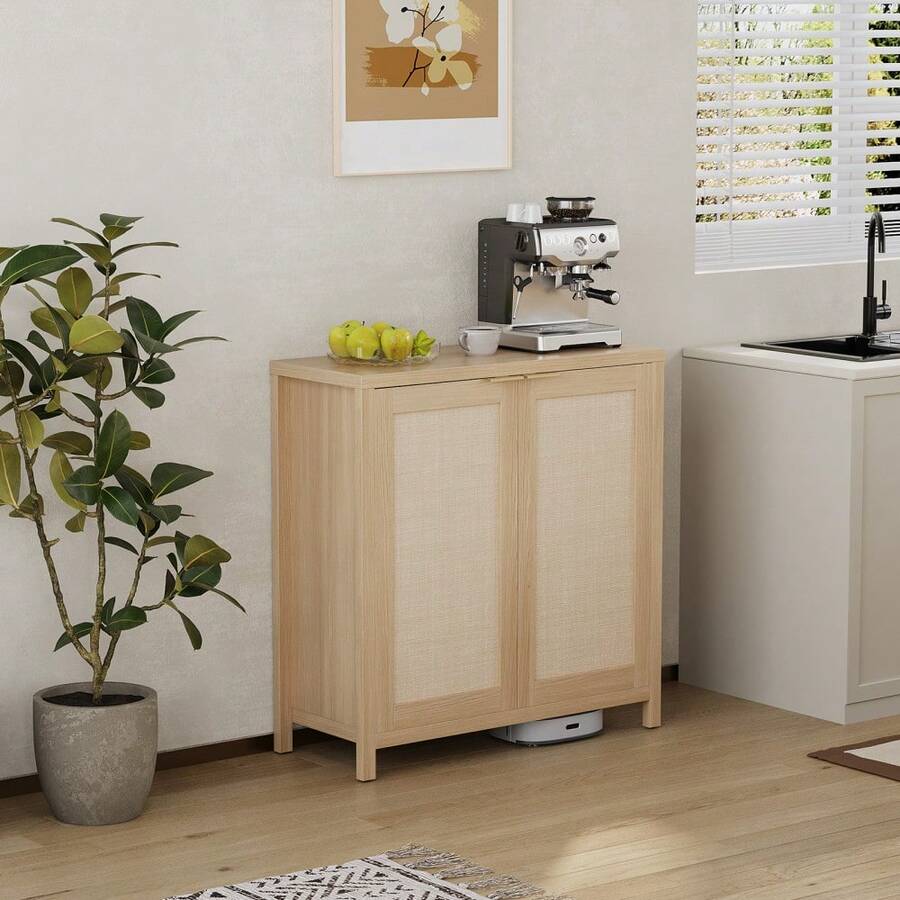 Rattan Buffet Cabinet With 2 Drawers, Light Oak Shaker Style Sideboard Storage Cabinet With Adjustable Shelf For Dining Room, Kitchen & Entryway - Wood Color - View 1