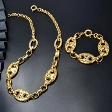 两件套奢华复古18K镀金雕花猪鼻子项链手链首饰套装，适合女士节日、婚礼、派对佩戴，也是斋月和复活节的精美礼物。 - 金色 - 查看 4