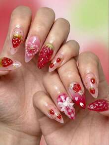 24片杏仁形美甲贴纸，欧美法式风格，珍珠爱心蝴蝶结情人节美甲贴纸，简约甜美草莓图案，全覆盖易贴，适合女性日常生活、节日、派对和聚会。 - 彩色 - 查看 7