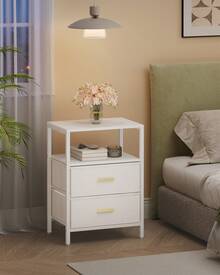 HEXCELEN Bedside Table, Side End Table With 2 Fabric Storage Drawers, Bedside Cabinet With Open Storage Shelf, Nightstand For Bedroom, Livingroom - White - View 2