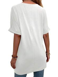 3pcs/Set 2026 Women's Fashion Spring/Summer New Arrival, Loose Side Slit Mid-Length T-Shirt, Solid V-Neck Short Sleeve Casual Top, Basic Tee, Suitable For Daily Commute, Dating, Versatile, Streetwear, Machine Washable - Multicolor - View 3