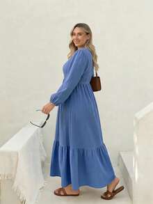 Rusttydustty 大码女式V领蕾丝拼接长袖连衣裙，波西米亚风优雅度假休闲连衣裙，适合秋冬春季穿着 - 藍色 - 查看 3