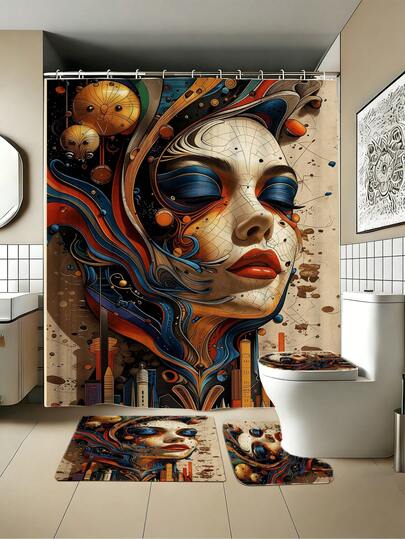 1/3/4PCS Spring/Summer Surrealistic Face City Shower Curtain Set; Refreshing, Warm, And Comfortable, Home Decor, Bathroom Shower Curtain, Bathroom Set, Includes Shower Curtain And Floor Mat Combination.