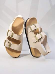 Girls' Beige Suede Double Buckle Sandals, Open Toe Cork Footbed Summer Shoes For Kids - Apricot - View 2