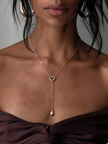 2026新款不锈钢回形针链多层长项链，欧美风金属心形水滴吊坠项链，情人节女士礼物 - 金色 - 查看 1