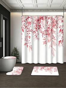 1/4pcs Set Burgundy Watercolor Eucalyptus Floral Shower Curtain Bathroom Set, Boho Natural & Tuscan Style, Waterproof & Durable, Bathroom Decor & Accessories, Includes 12 Hooks - Toilet Seat Cover, Bath Mat & Rug, Polyester Fabric - Washable - Suitable For Holiday Decor, Home/Bedroom/Residential/Western/Spring/Summer Decoration. - Plants [11] - View 2