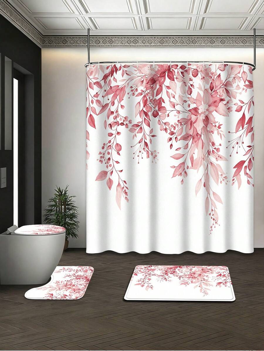 1/4pcs Set Burgundy Watercolor Eucalyptus Floral Shower Curtain Bathroom Set, Boho Natural & Tuscan Style, Waterproof & Durable, Bathroom Decor & Accessories, Includes 12 Hooks - Toilet Seat Cover, Bath Mat & Rug, Polyester Fabric - Washable - Suitable For Holiday Decor, Home/Bedroom/Residential/Western/Spring/Summer Decoration.