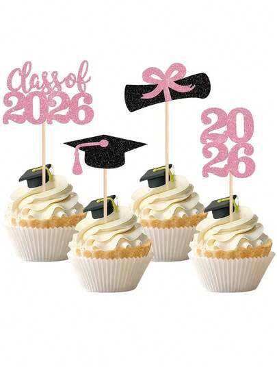 8/24件套 2026毕业季纸杯蛋糕装饰插牌 - 闪亮亮片学士帽和毕业证书设计，优雅木质插签，适用于毕业派对甜点、庆祝装饰 | 庆祝主题 | 耐用竹制，毕业蛋糕装饰 祝贺毕业