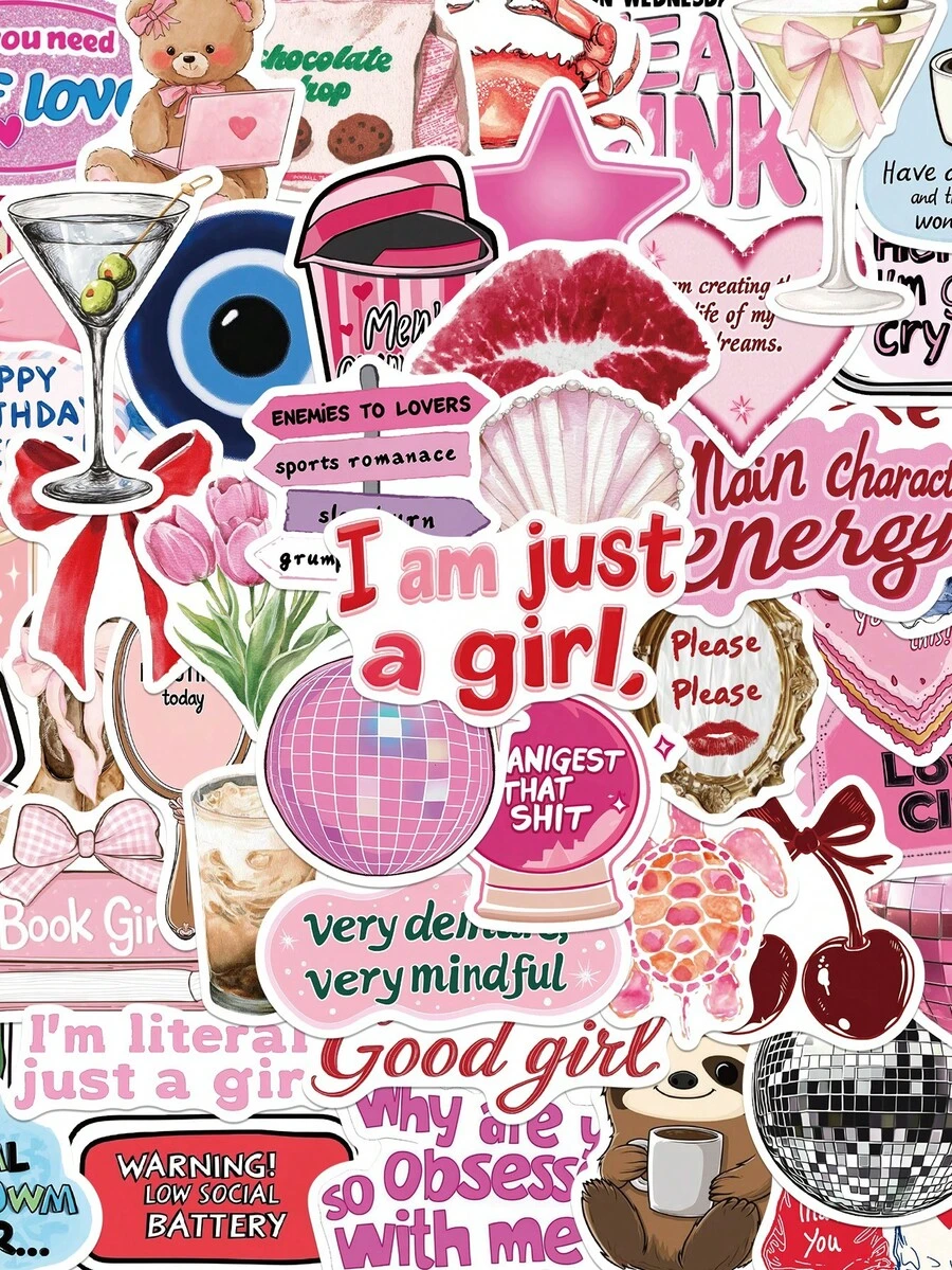 50张趣味酷女孩贴纸，美观励志，适用于笔记本电脑、吉他、滑板、手机壳，防水PVC贴纸 - 彩色 - 查看 1