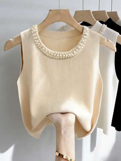 New Spring/Summer Collection Women's Fashionable, Elegant, And Modern Knit Sleeveless Tank Top; Casual Everyday And Beach Vacation Wear With Pearl-Embellished Round Neckline; Apricot-Colored Top; Women's Commuter Outfits; Women's Beach Vacation Outfits; Women's Casual Tops; Women's Elegant Tops; Party Tops; Summer Tops
