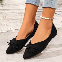 Women's Suede Pointed Toe Bow Flats, Bow Slip-On Flats, Versatile Flat Shoes For All Seasons - Black - View 5