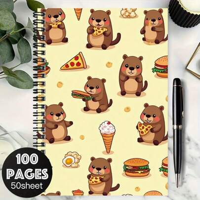100-Page (50-Sheet) Cute Cartoon Beaver & Food Pattern Spiral Notebook. Combines Aesthetics And Practicality, Suitable For Work Notes, Study, Daily Planning, And Makes A Great Graduation Or Birthday Gift For Writing Diaries Or Memos.