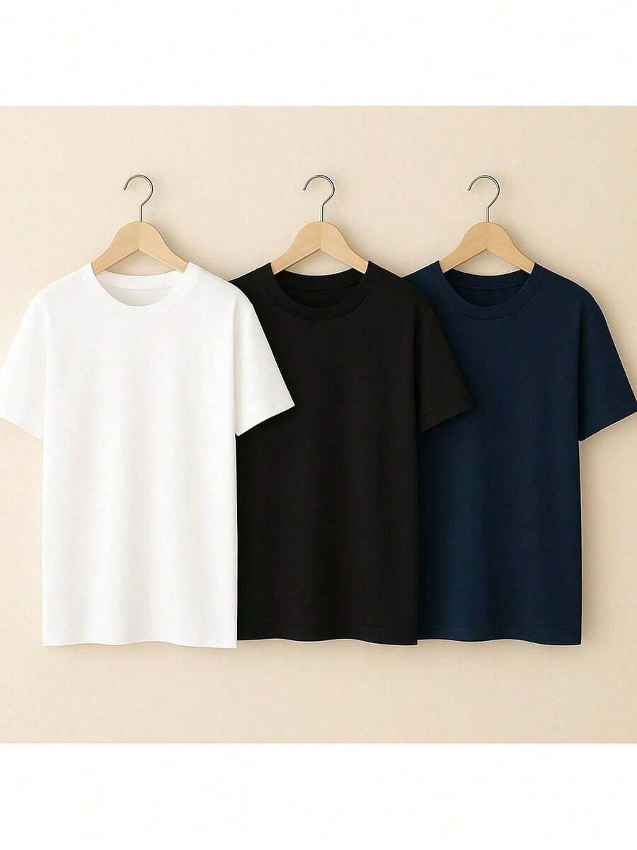 Set Of 3 Men's 100% Cotton T-Shirts - Basic, Lightweight And Cool T-Shirts For Summer And Everyday Wear - Trắng/Đen/Xanh hải quân - Xem 1