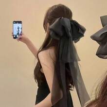 Princess On The Run ~ Fairy Temperamental Big Bow Headwear Back Spring Clip Long Ribbon Hairpin Hair Accessories - 5957仲夏夜飄帶彈簧夾-黑色 - 查看 10