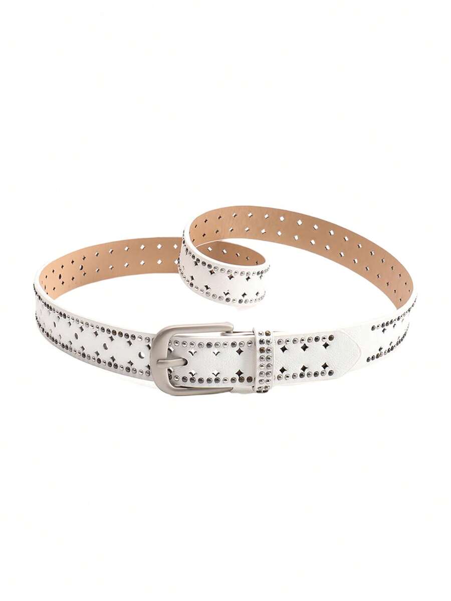 女士水钻铆钉合金扣粉色腰带，时尚休闲腰带，适合搭配牛仔裤 - A - 查看 1