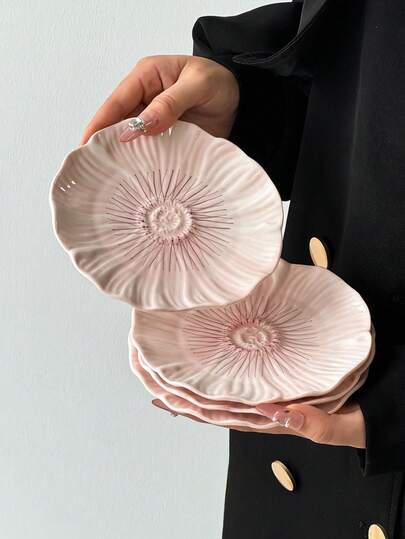 1件/4件装粉色不对称花边陶瓷盘，韩式ins风创意不对称花边陶瓷盘，6英寸小盘/甜点盘/骨盘，大容量餐盘，商用甜点盘、水果盘和下午茶盘，适用于洗碗机和消毒器