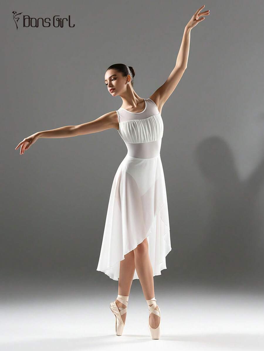 DonsGirl 1 chiếc đầm nữ lãng mạn thanh lịch - Trang phục múa ba lê hiện đại/cổ điển, trang phục biểu diễn sân khấu, ren xếp tầng và chân váy lưới co giãn cao cấp, màu trắng mùa xuân