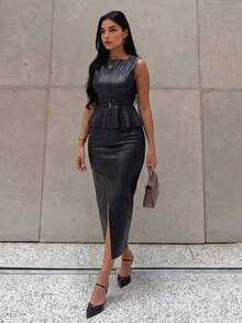 TRAFZA 春夏优雅女士仿皮腰带上衣半裙套装 - 咖啡棕 - 查看 3