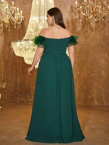 SUPGIR V-Neck Strapless Dress With Ruffle Sleeves, Waist Pleats, Luxury Beaded Patchwork Flared Skirt, Party Occasion Dress - Dark Green - View 2