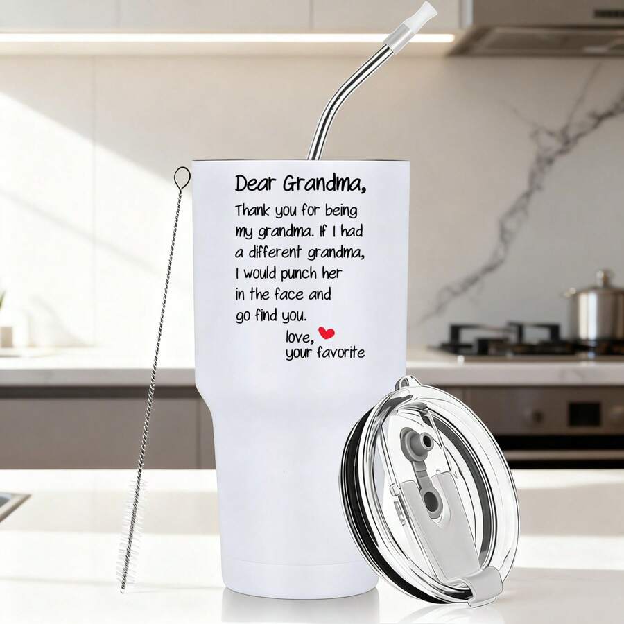 30oz Stainless Steel Tumbler Black White Options, Dear Grandma Thank You For Being My Grandma Graphic Cups, Insulated Travel Coffee Mug With Lid And Straw , Double Wall Vacuum Reusable Travel Cups, Funny Birthday Party Gift For Men - trắng - Xem 1