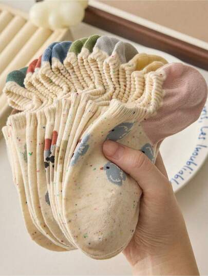 5 Pairs Women's Cartoon Pattern Embroidered Breathable Soft Comfortable Ankle Socks, Moisture-Wicking, Suitable For Spring, Summer, Autumn And Winter