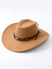 1pc Faux Suede Western Cowboy Hat With Detachable Longhorn Decor, Unisex Cowgirl/Cowboy Sun Hat For Casual Occasions - Bull Head Cowboy Hat - View 10
