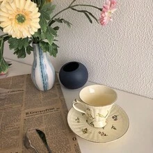 Cốc cà phê gốm hình chuồn chuồn, bộ trà chiều tinh tế, cốc trà đỏ viền vàng kiểu châu Âu. - Màu vàng - Xem 6