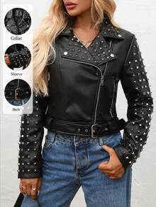 Chaqueta de mujer de cuero sintético con tachuelas, chaqueta corta de motociclista de manga larga con strass de PU, abrigo de moda punk - Negro oscuro - Ver 2