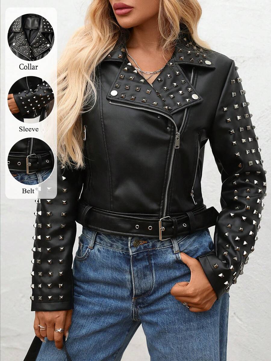 Chaqueta de mujer de cuero sintético con tachuelas, chaqueta corta de motociclista de manga larga con strass de PU, abrigo de moda punk