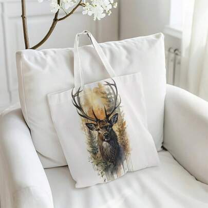 1pc Charming Deep Forest Deer Print Durable Shoulder Tote Bag, Suitable For Shopping & Leisure, Machine Washable