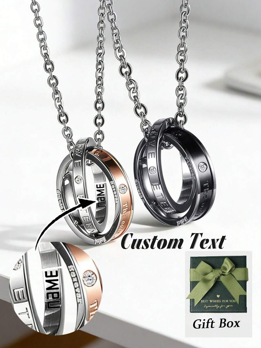 1 Bộ nhẫn và dây chuyền khắc tên cá nhân, Dây chuyền đôi, Dây chuyền cưới, Khắc tên theo yêu cầu, Dây chuyền cặp đôi, Dây chuyền nhẫn, Dây chuyền thông điệp ẩn, Quà tặng kỷ niệm, Quà tặng ngày Valentine - Nhiều màu - Xem 1