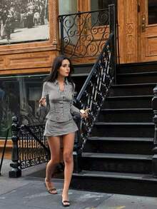 Women's New Elegant Casual Fashion Classic Plaid Long Sleeve 2-Piece Set - Deep V-Neck, Shirt Collar, Chest Ruffle, Front Button Closure, Fitted Long Sleeve Top, A-Line Mini Skirt Spring Black - Black - View 4