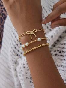 3pcs Fashion Chic Ribbon Bow Bracelets, Elegant Pearl Heart & Star Multilayer Bracelet Set, Suitable For All Occasions, Perfect Gift Choice - Gold - View 2