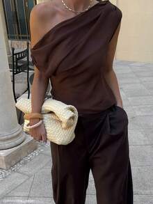 Elegante blusa asimétrica con volantes, cuello asimétrico, delgada, sexy, casual, de negocios, para ir a la oficina, de uso diario, para el verano - Marrón - Ver 3