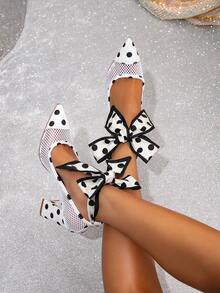 2026春秋新款黑色波点高跟女鞋，粗跟蝴蝶结系带闭趾镂空套脚时尚百搭柔软舒适透气高跟鞋 - 白色 - 查看 4