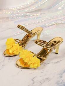 Giày sandal cao gót hở mũi đính đá, kiểu dáng slip-on, dành cho nữ, thích hợp cho mùa hè, gót mỏng, màu vàng kim. - Vàng - Xem 2