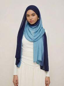 1pc Women's Solid Color Viscose Headscarf, Soft Wide-Edged Headband, Versatile Sun Protection Hijab Scarf, Suitable For Daily Wear,Beach,Holiday - Navy Blue + Blue - View 1