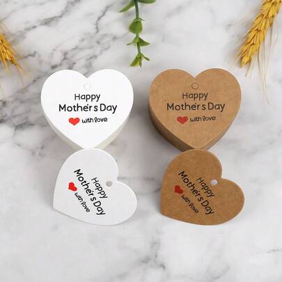100pcs Mother'S Day Heart-Shaped Kraft Paper Gift Tags, White & Brown, Love Message, Hanging Labels For Presents, Gift Packaging And Wedding Party Favors