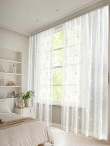 1PC Modern Minimalist White Sheer Curtain,Embroidered Flowers Sheer Voile For Living Room And Bedroom,Easy To Install,Machine Washable. - Rod Pocket Process - White - View 2