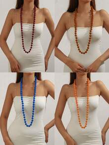 1pc Bohemian Style Round Geometric Plastic Acrylic Beaded Rope Knotted Long Necklace, Versatile Double-Layer Necklace, Ideal Gift - Handmade Beaded Long Necklace - View 12