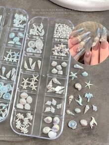 12格/盒 炫彩极光海洋美甲饰品 3D海螺海星贝壳和仿珍珠设计 美甲装饰 夏季清新风格美甲装饰配件，适用于美甲沙龙和海滩美甲DIY - 彩色 - 查看 3