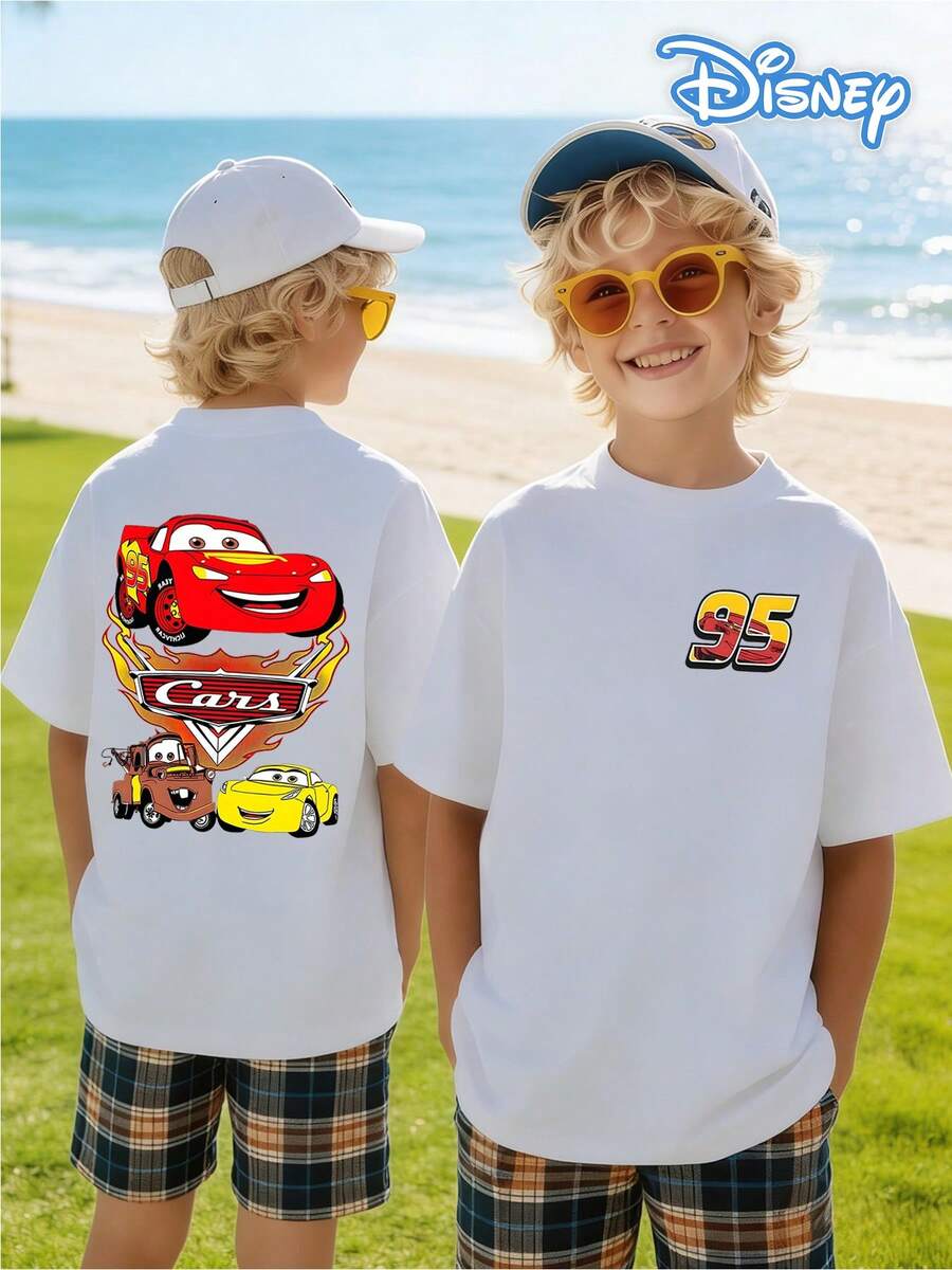 Disney Cars Lightning McQueen And Friends Flame Print Front And Back Design Boy's Short Sleeve T-Shirt - Playful And Cool Racing Style Top - White - View 1