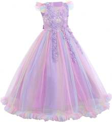 Vintage Lace Party Dress For Girls - Boho Style Maxi Gown For Pageant, Wedding & Celebration - 彩虹紫 - 查看 3